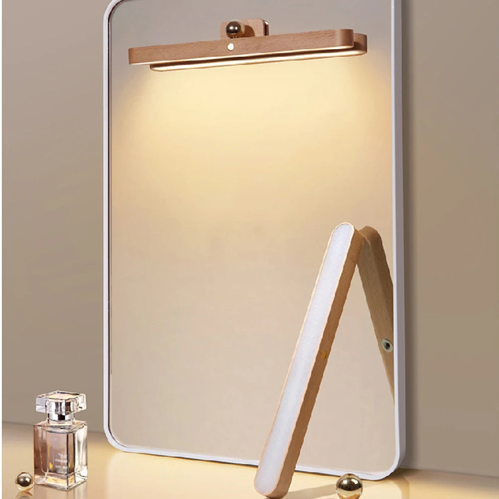 Wooden LED Mirror Night Light - Rechargeable Bedside Lamp