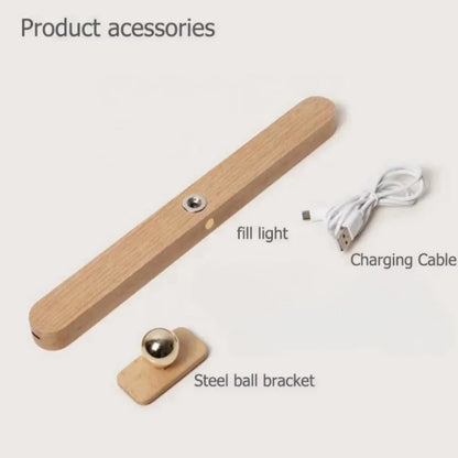 Wooden LED Mirror Night Light - Rechargeable Bedside Lamp