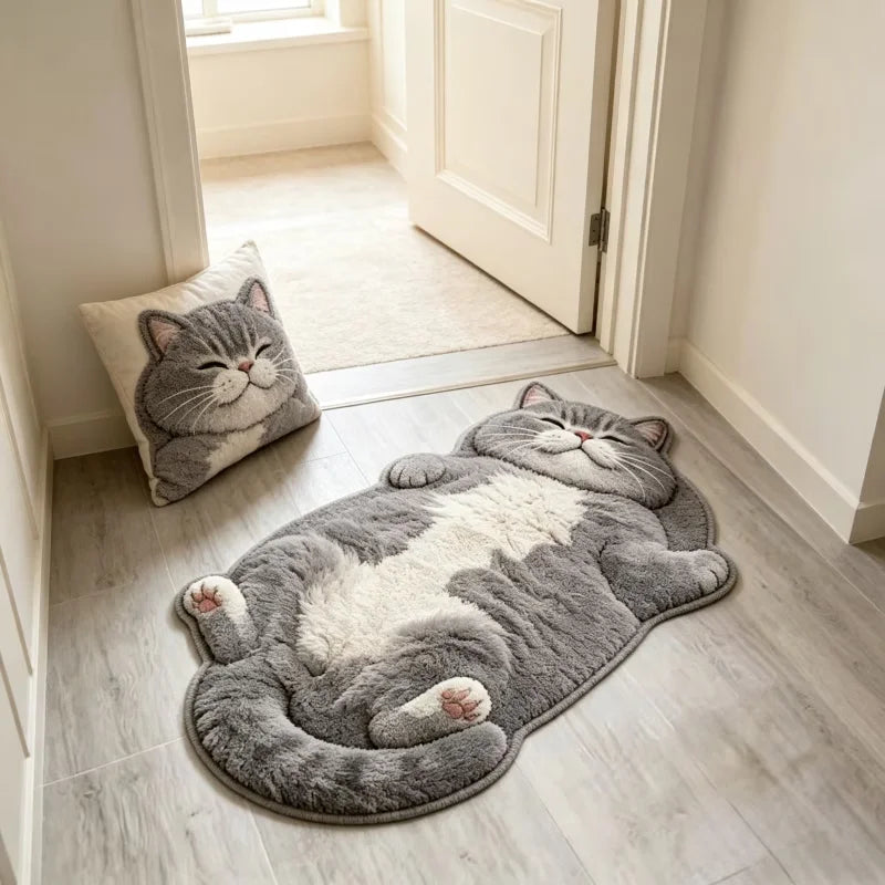 Cat Shape Plush Area Rug - Cute Cartoon Home Decor Mat