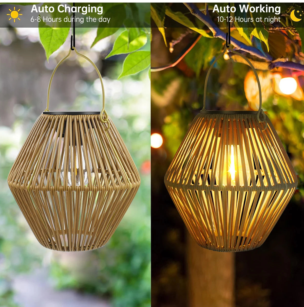 Boho Solar Rattan Lantern - Outdoor Garden Decor Light
