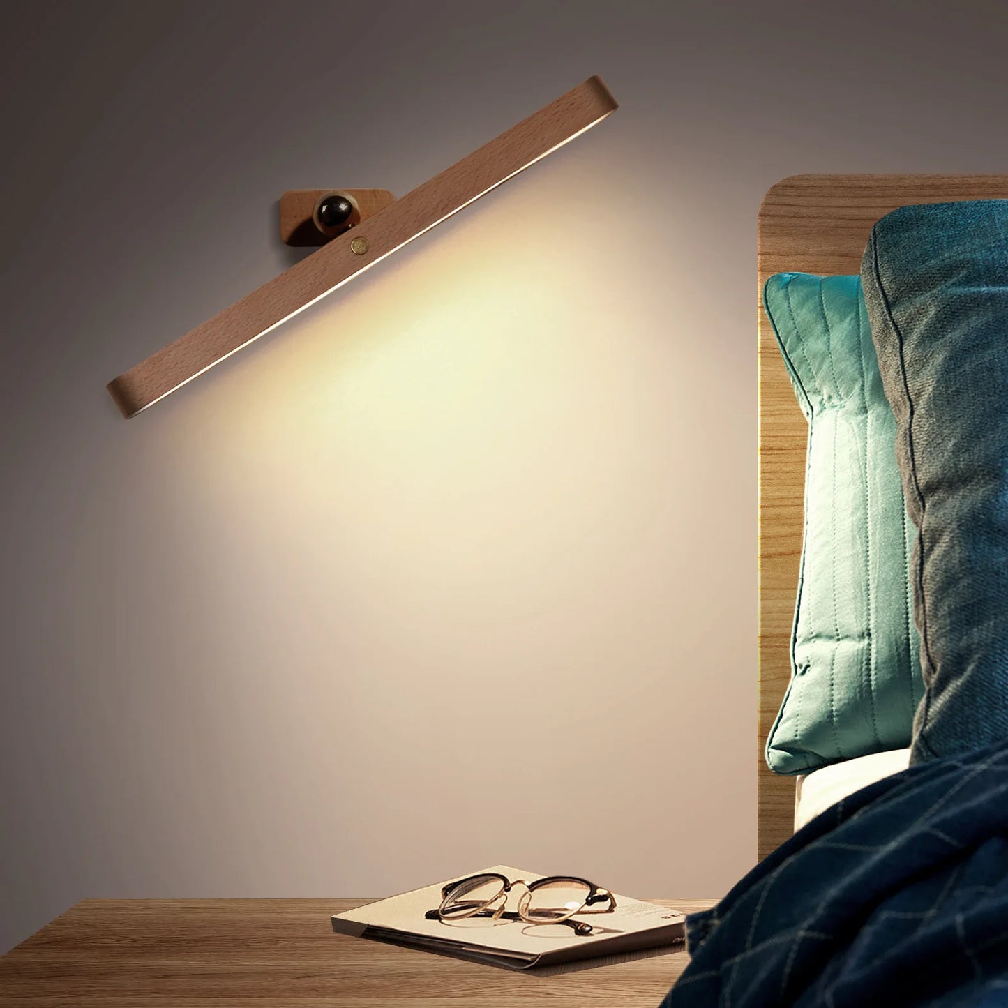 Wooden LED Mirror Night Light - Rechargeable Bedside Lamp