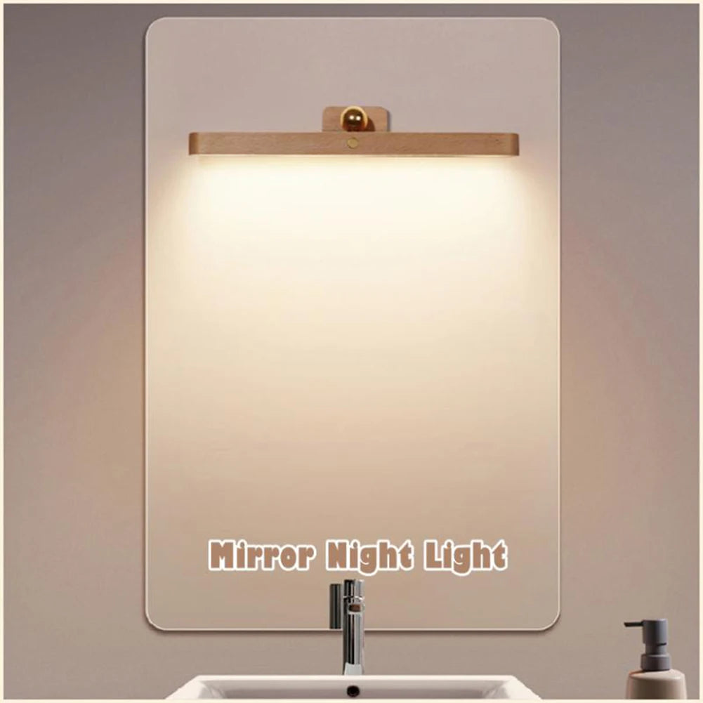 Wooden LED Mirror Night Light - Rechargeable Bedside Lamp
