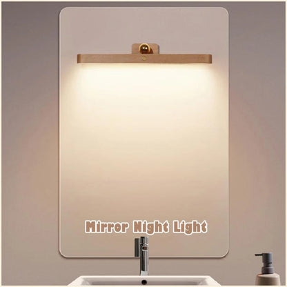 Wooden LED Mirror Night Light - Rechargeable Bedside Lamp
